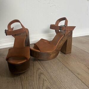 Lulus Lolita Leather Cognac Suede Wooden Platform Heels